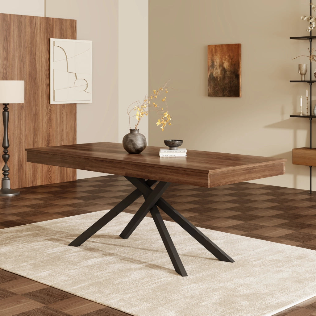 Tavolo da Pranzo Allungabile 140-180x80 cm 6-8 Posti LEMONMAX; Piano MDF Spesso; Gambe Incrociate in Metallo; Finitura Effetto Noce; H 76 cm