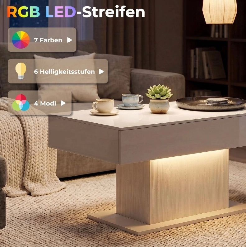 Tavolino da salotto bianco lucido con LED RGB, 2 cassetti nascosti e telecomando