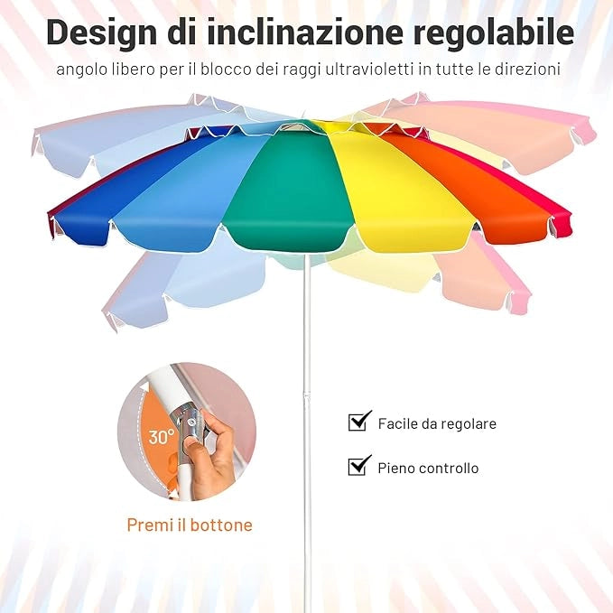 Ombrellone da Spiaggia 2,43 m, Ombrellone Portatile da Esterno con Borsa di Trasporto, con Protezione Solare, Ideale per Spiaggia, Balcone, Giardino（Colorato)