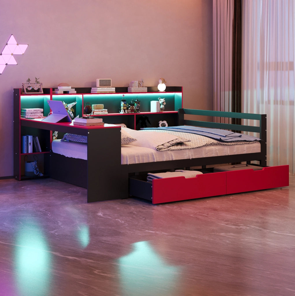 Letto matrimoniale multifunzione 140x200 cm in legno; con scrivania; LED e cassetti; nero e rosso