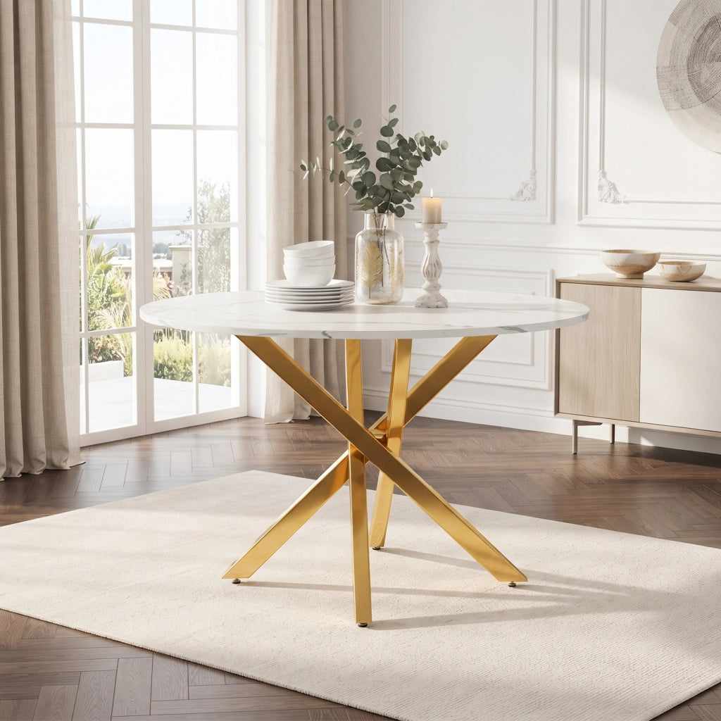 Tavolo da pranzo rotondo da 80 cm con piano effetto marmo e gambe dorate, moderno e stabile