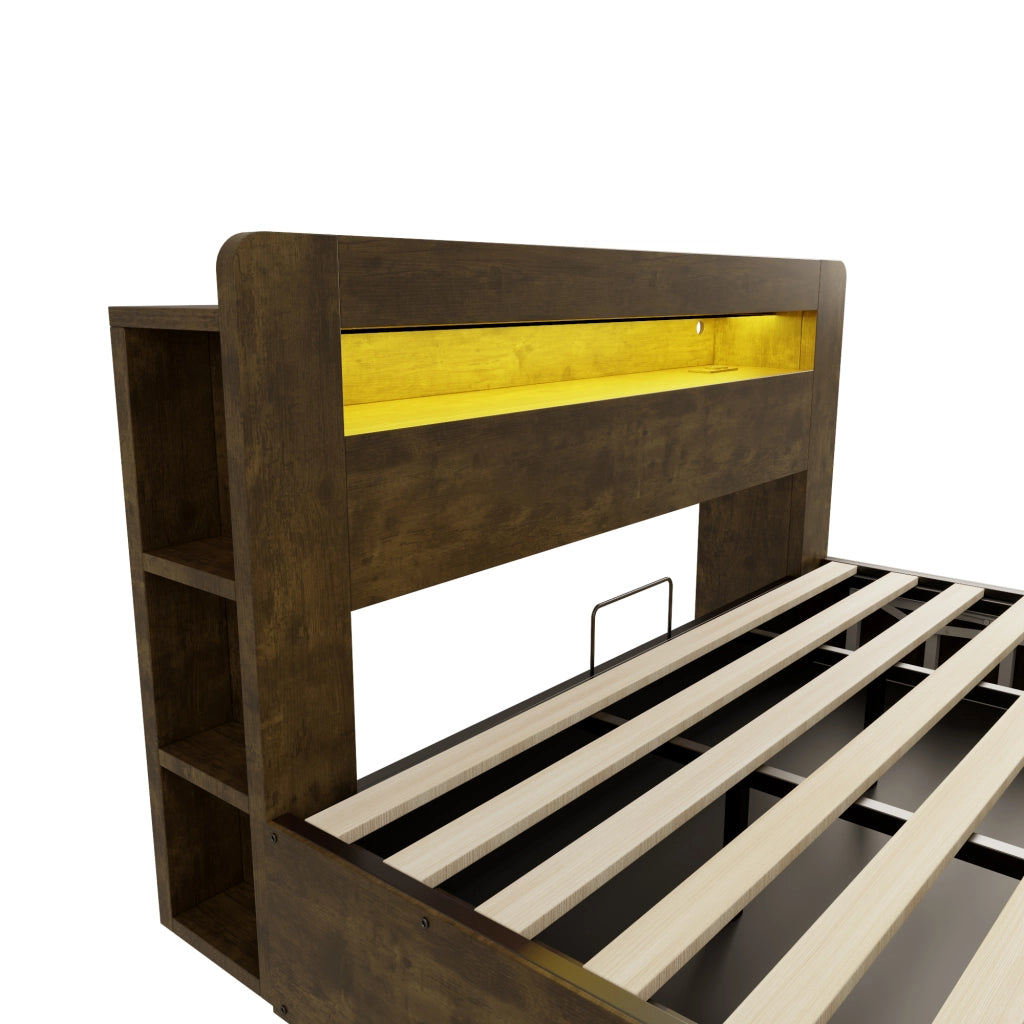 DESMIU Letto contenitore 180 × 200 cm 2 posti con LED, prese e vani portaoggetti, senza materasso, in legno, vintage