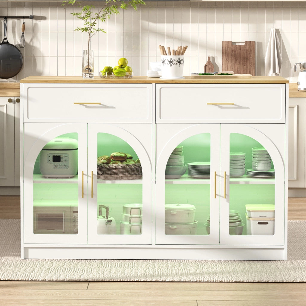 Isola da cucina con LED; ante trasparenti; 2 cassetti e ripiani regolabili bianca in MDF 135 × 55 × 91 cm