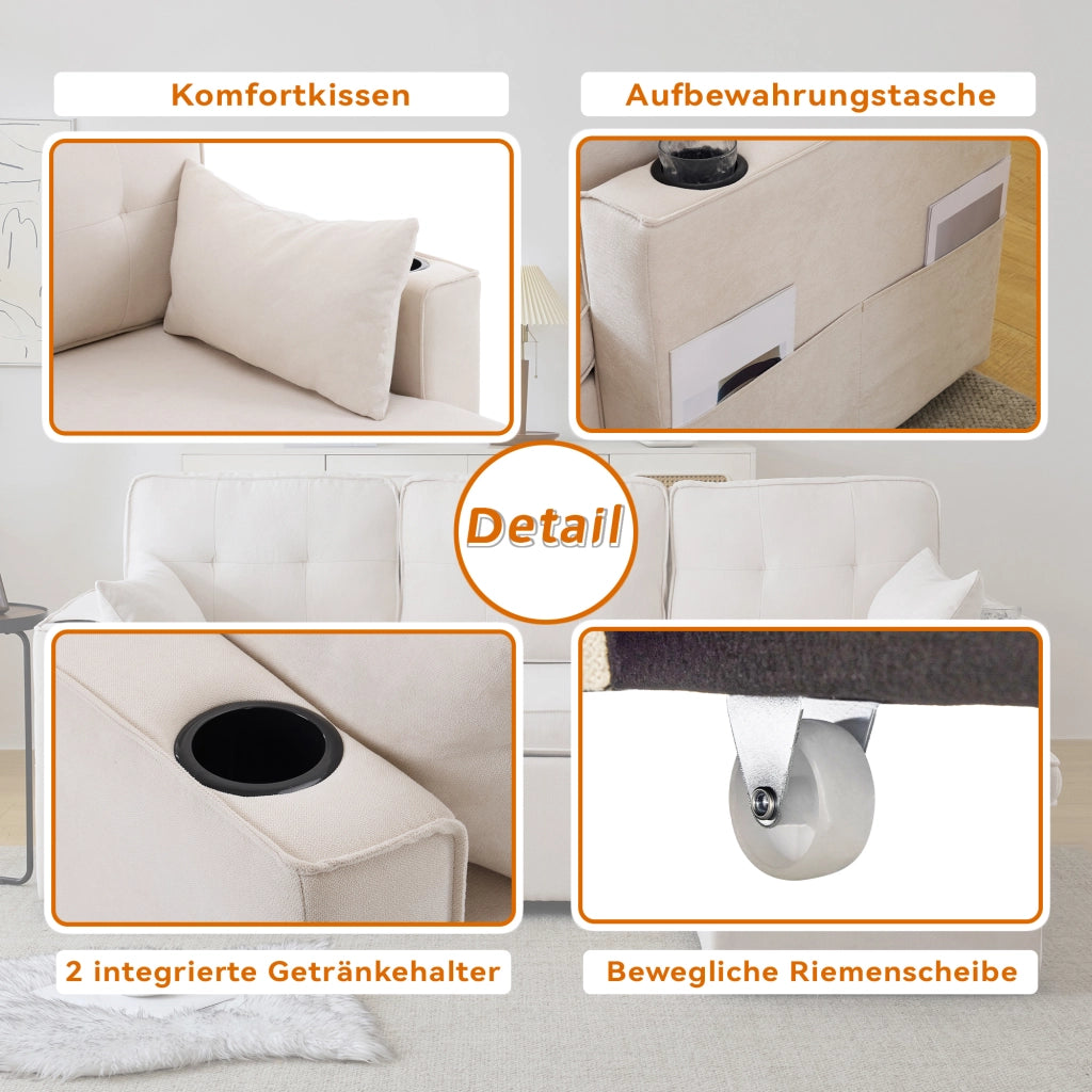 Divano angolare convertibile 211x129;5x86 cm; divano letto reversibile con contenitore e portabicchiere; lino-cotone; beige