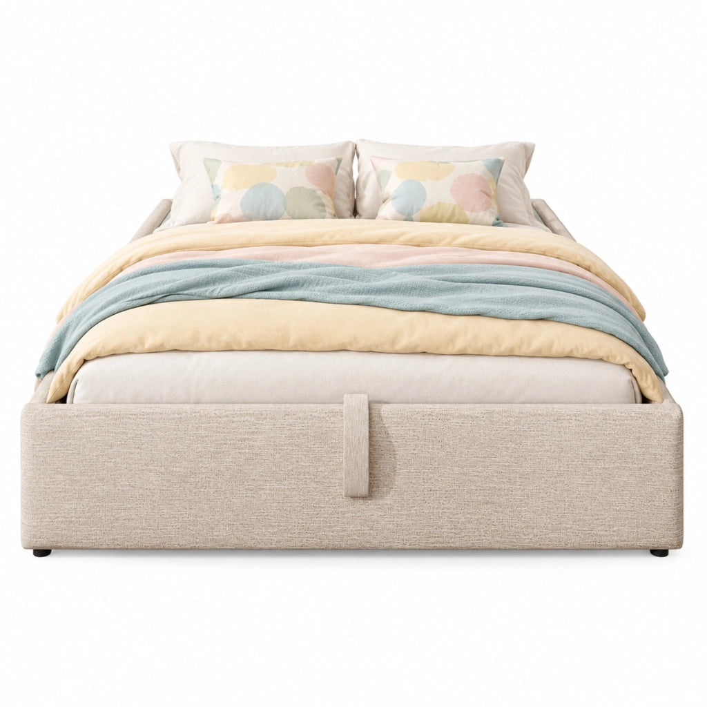 Letto matrimoniale contenitore 160x200 cm senza testiera in lino beige e naturale con USB-C HOMVRA