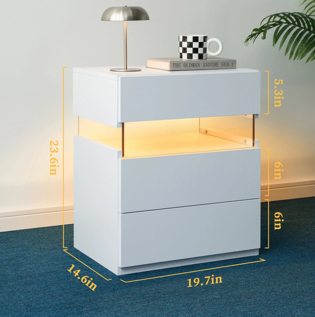 Comodino LED bianco con pannello acrilico e 3 cassetti in legno ingegnerizzato