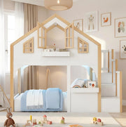 Letto soppalco bimbi 90x200 in legno bianco con LED e scala contenitore