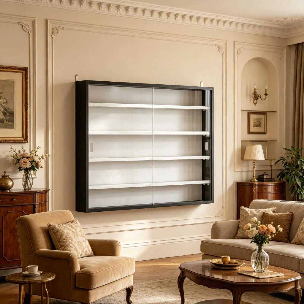 Vetrina da parete 80x9.5x60 cm con 4 ripiani regolabili in vetro e truciolare