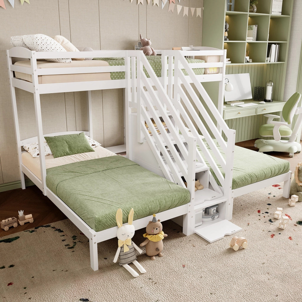 Letto a castello a tre letti 90 × 200 cm in legno di pino e MDF bianco con scala contenitore e sponde
