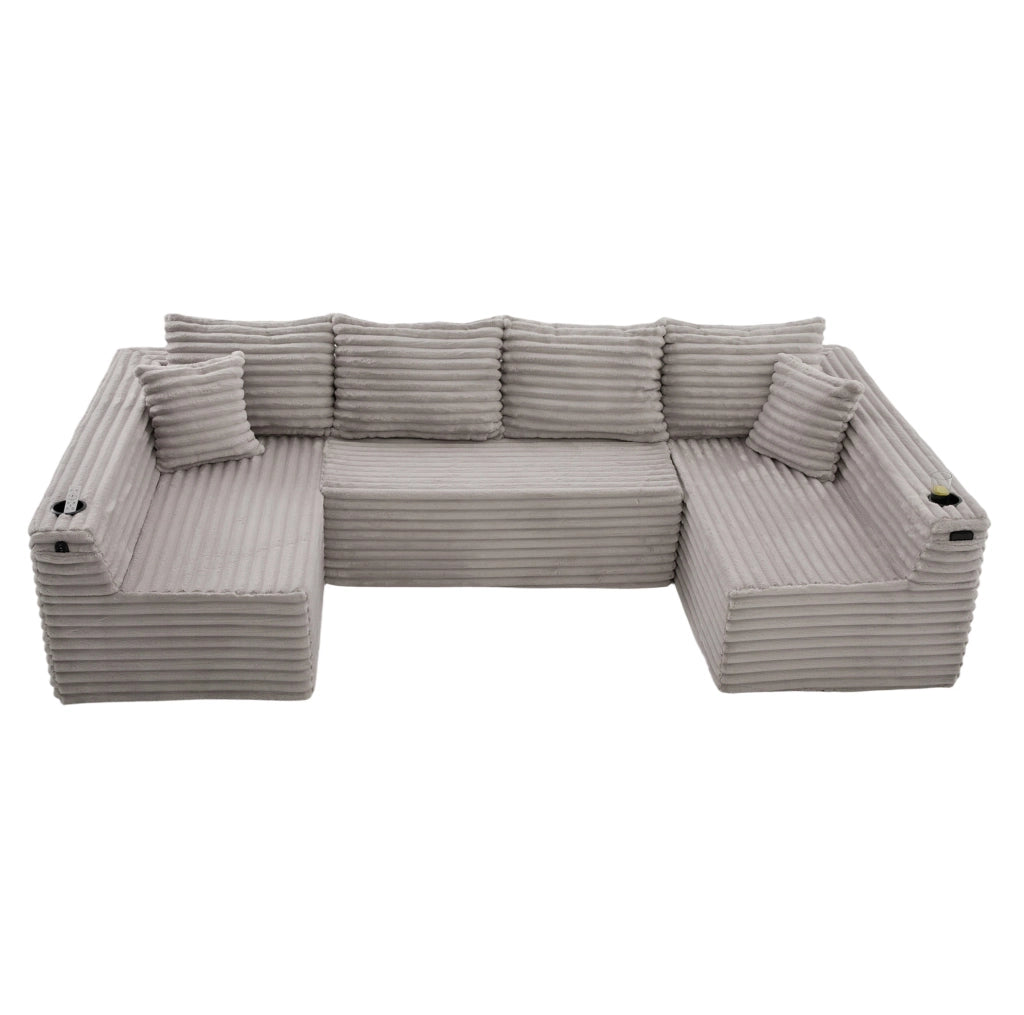 Divano modulare a U in corduroy grigio chiaro 320x155x88 cm; con portabicchieri e tasca laterale