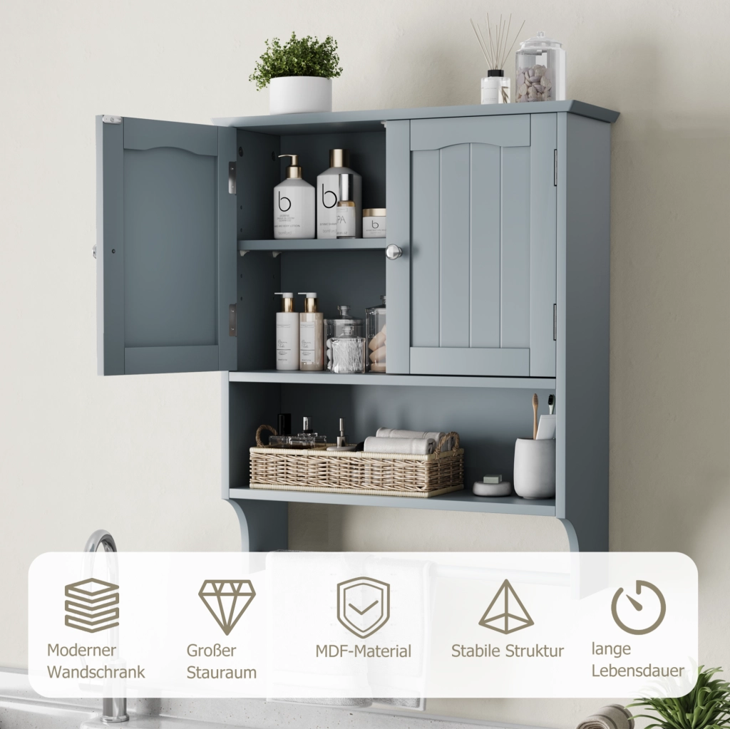 Mobiletto da bagno a muro con portasalviette, 2 sportelli e ripiani aperti in MDF grigio chiaro, 56,8 x 19 x 70 cm