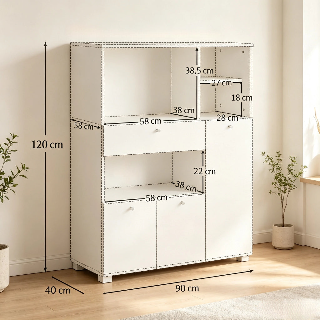Cassone da cucina con vano per microonde; 3 ante; cassetto e 4 nicchie in truciolare bianco 90 × 40 × 120 cm