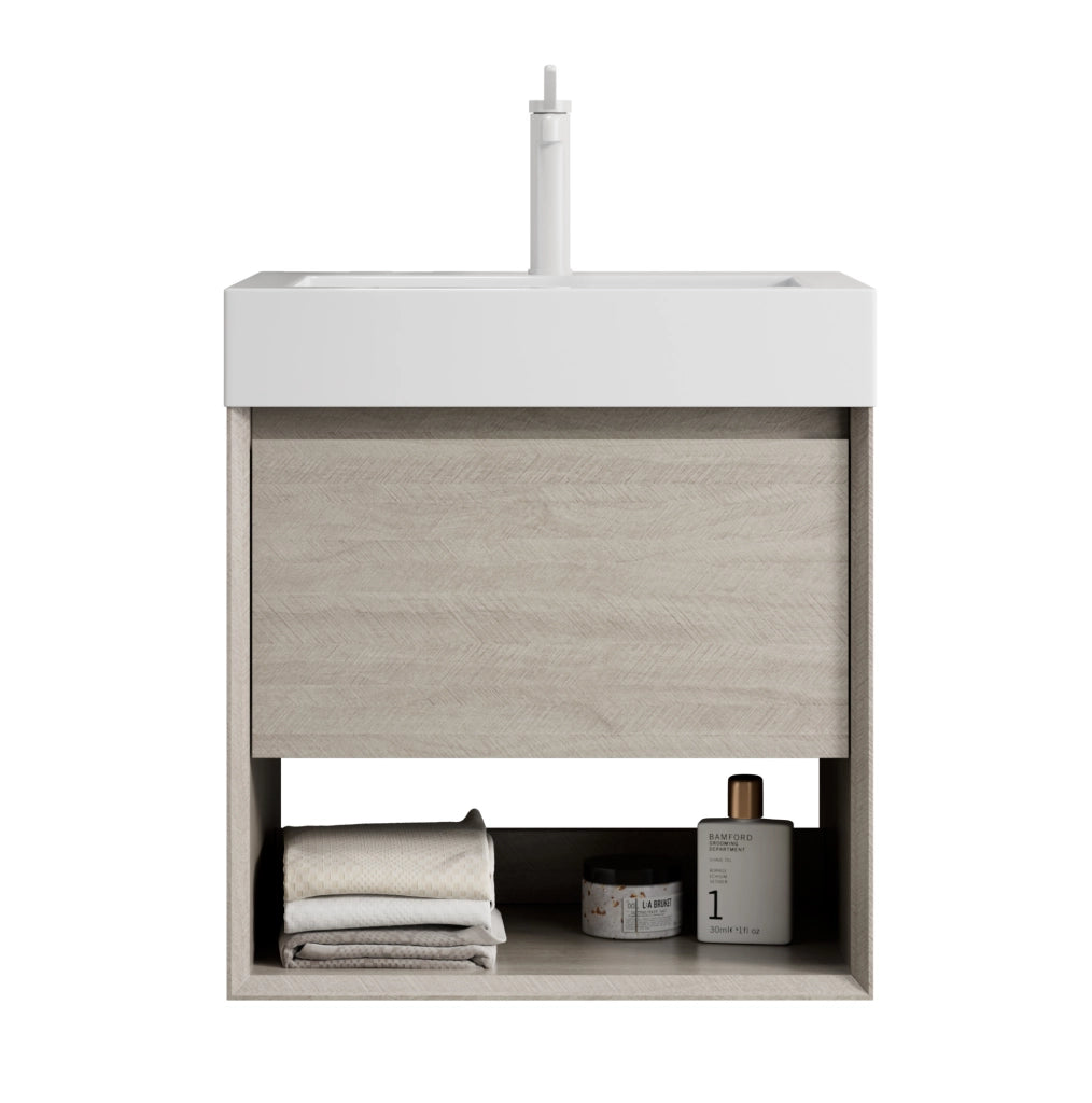 Mobile lavabo sospeso 55x46x60 cm in resina e compensato rovere chiaro
