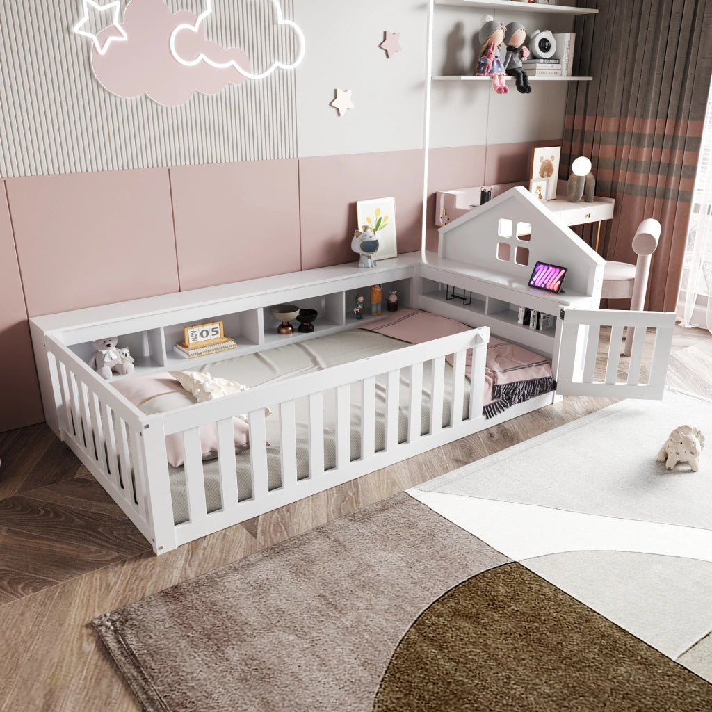 DESMIU Letto per Bambini Singolo con Contenitori, Sponde e Porta, 90 × 200 cm, Senza Materasso, Legno Massello, Bianco