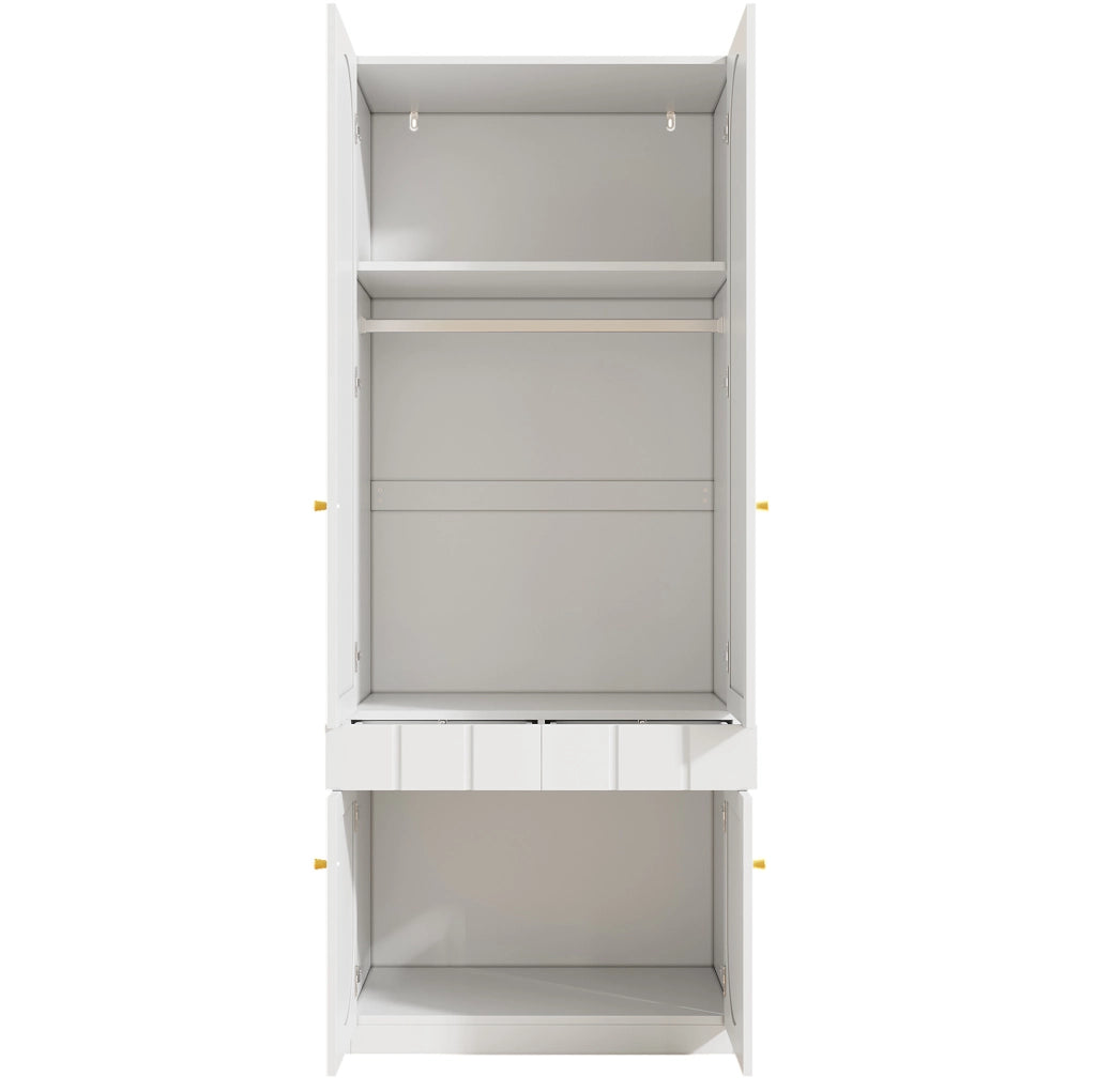 Armadio bianco da 80x50x200 cm con 2 ante, appendiabiti e cassetti a pressione, set da 2 pezzi