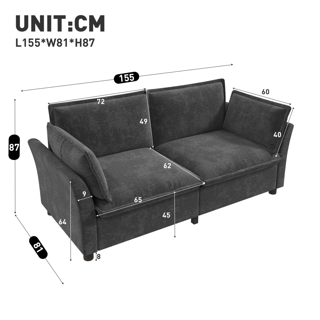 Divano dritto 2 posti con seduta a molle insacchettate e 2 cuscini per braccioli in ciniglia grigio 155 × 81 × 87 cm