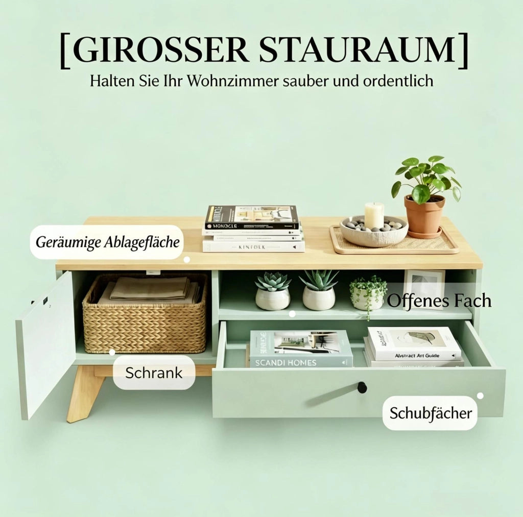 Tavolino da caffè rettangolare in MDF verde chiaro con cassetto; anta e vano aperto; 100x50x40 cm