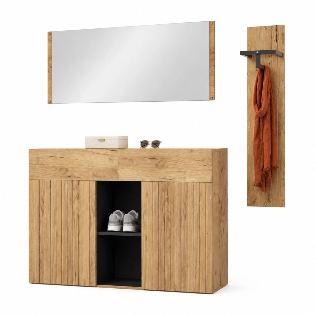 Set guardaroba 3 pezzi con specchio e appendiabiti; 125 ¡Á 35 ¡Á 178 cm; nero e naturale