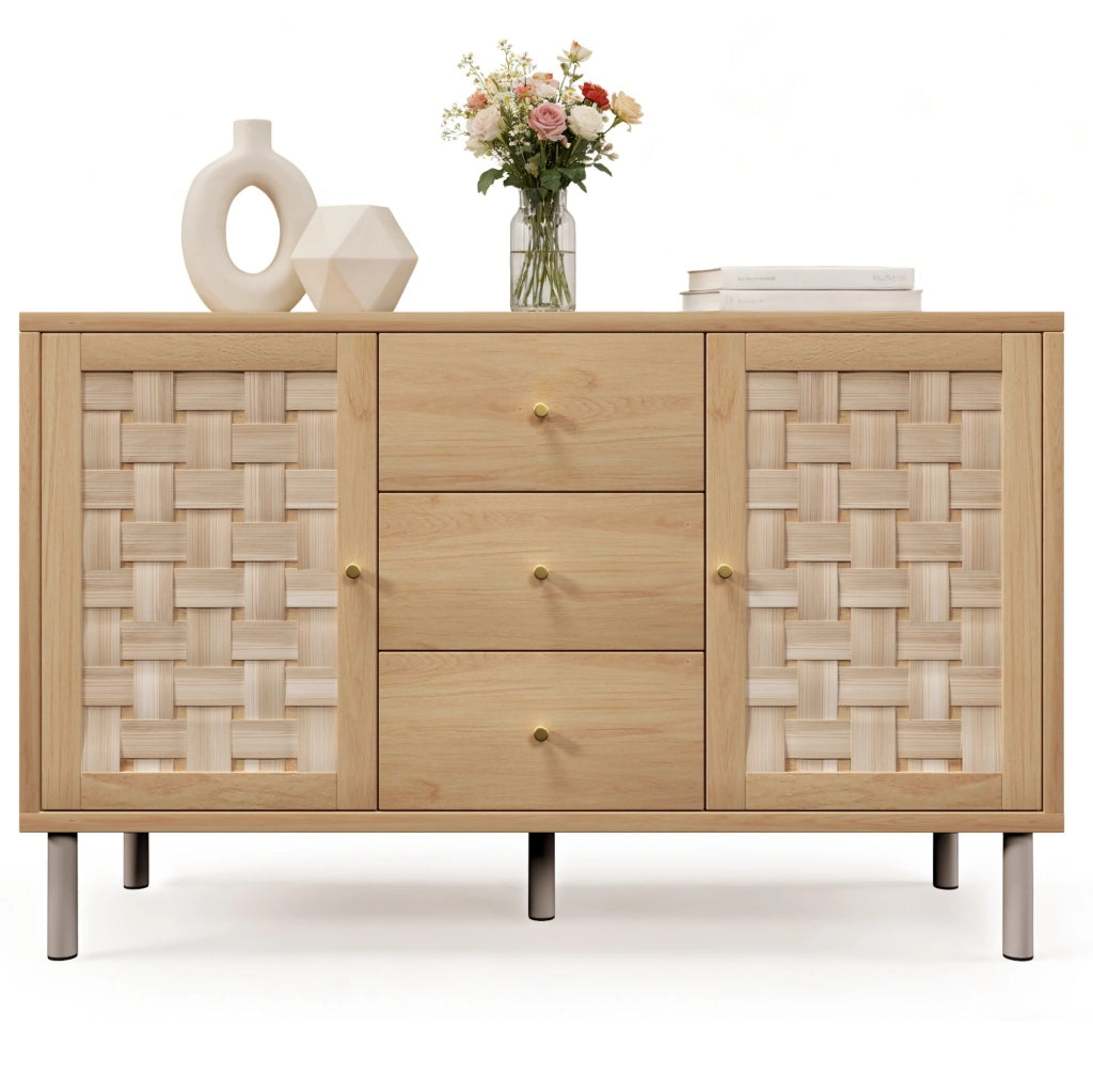 Credenza in MDF e metallo 120x40x75 cm con 2 ante e 3 cassetti, rovere
