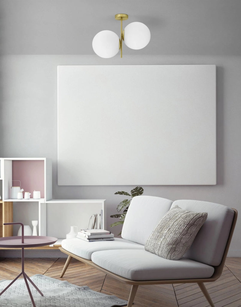 JUGEN LAMPADARIO DA SOFFITTO SOFFITTO 2 LUCI OTTONE ATTCCO E27  SFERA BIANCO OPACO