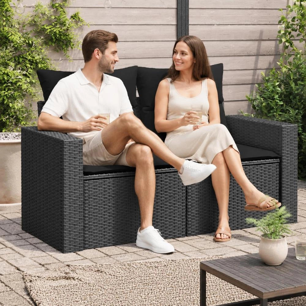 Garden Sofa With Cushions 2-seater Black Poly Rattan