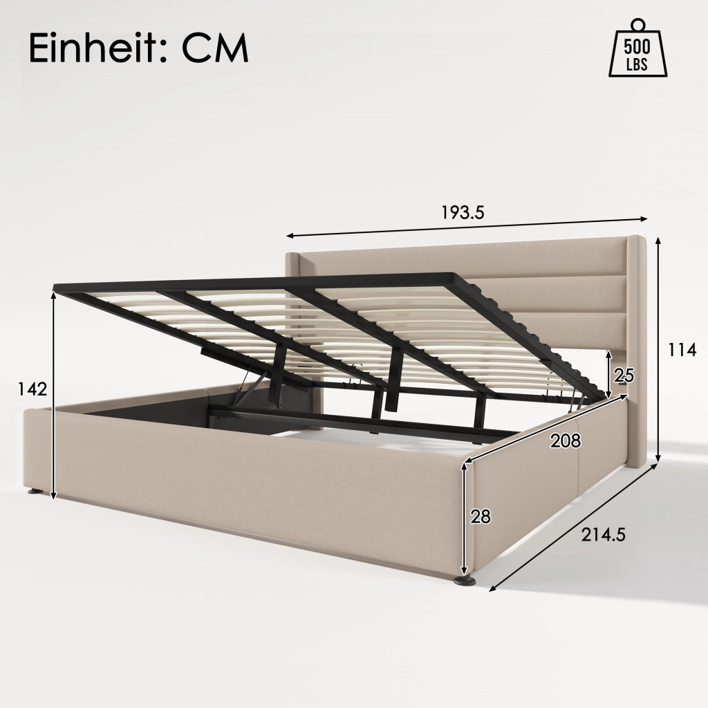 Letto contenitore 180 × 200 cm con rete a doghe sollevabile idraulica testiera imbottita rivestito in lino beige