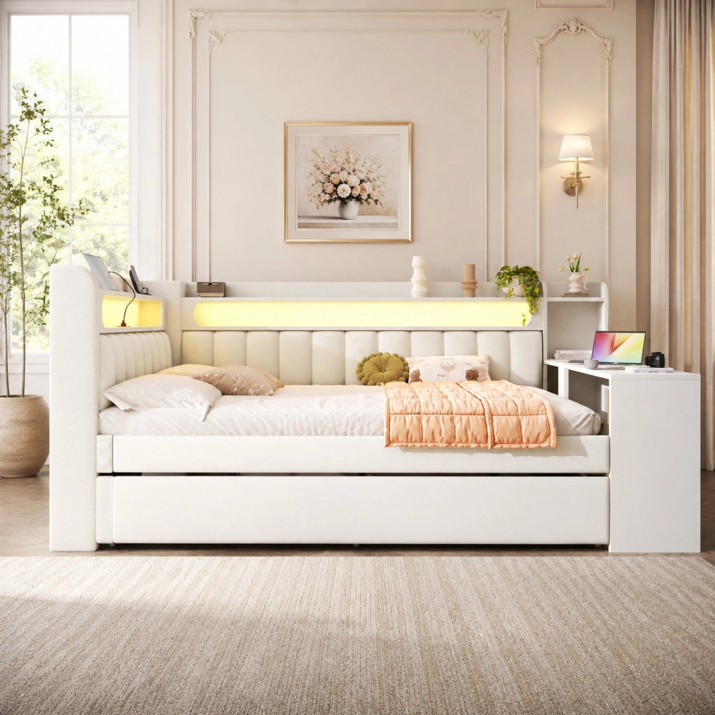 Letto da giorno imbottito 140x200 cm bianco in MDF, compensato, lino, scrivania e LED