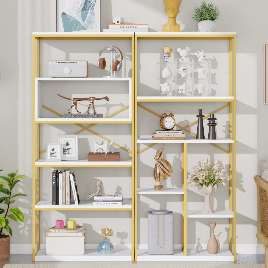 Scaffalatura a ripiani aperti con struttura in metallo e MDF bianco oro per soggiorno 160 × 29.5 × 180 cm