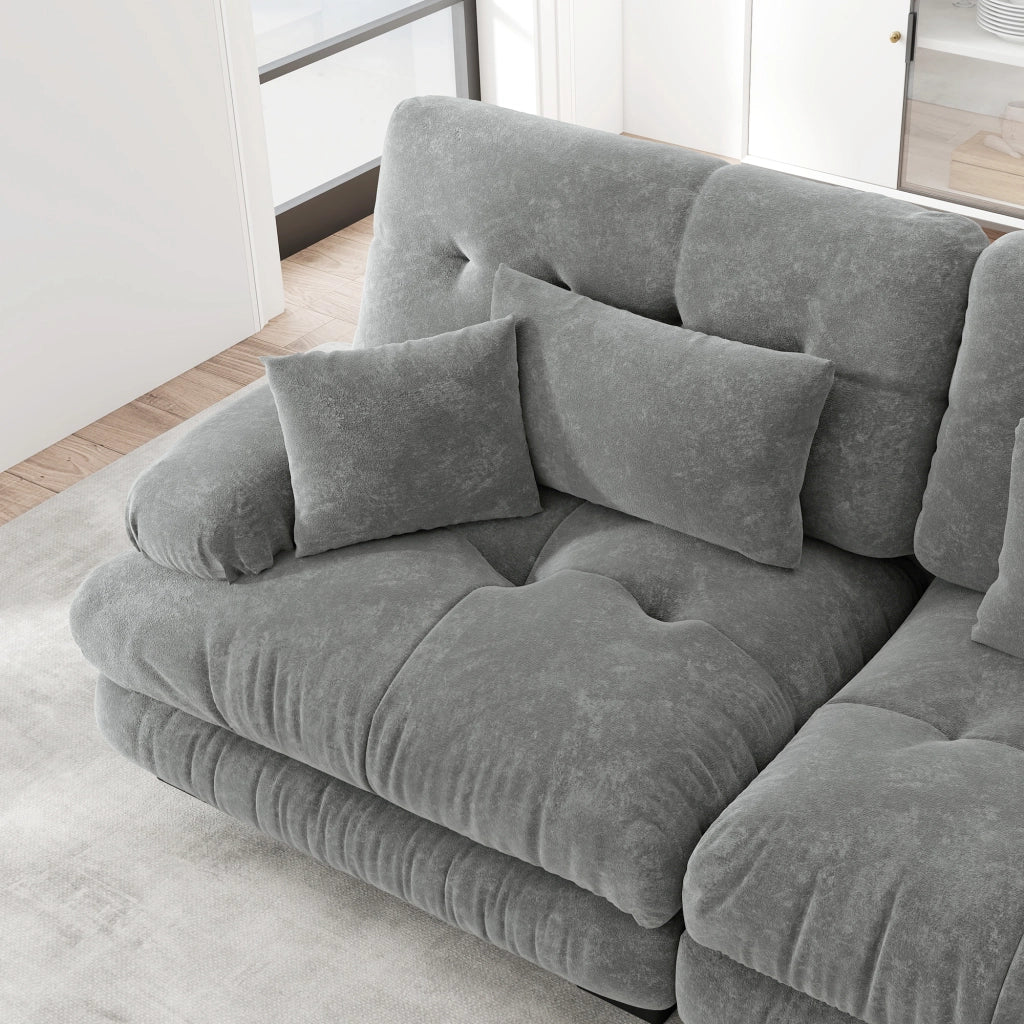 Divano componibile modulare a U in chenille grigio con ottomane mobili e cuscini per il salotto