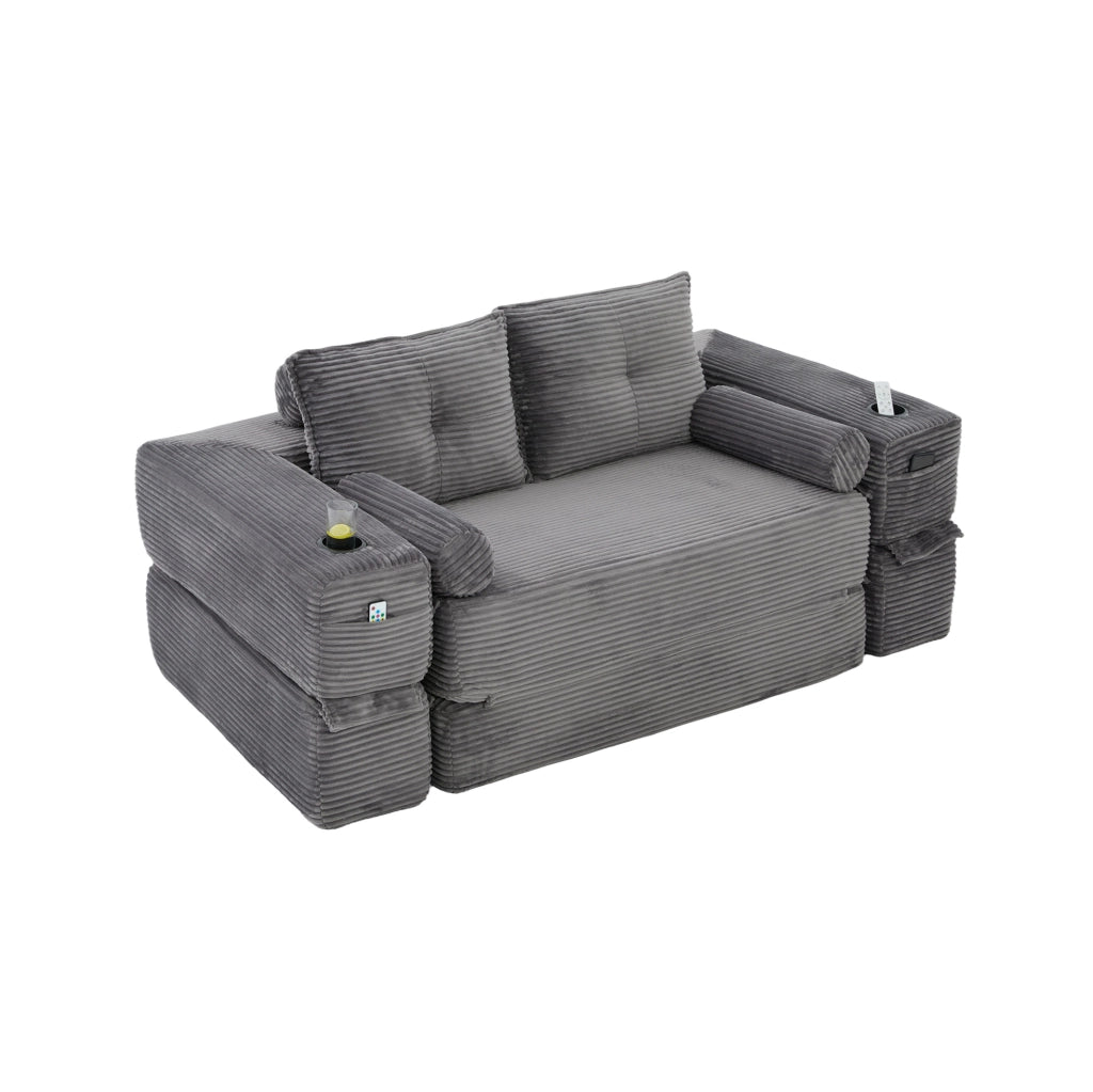 Divano letto in corduroy a due posti con schiuma ad alta densità e molle, con cuscini memory e porta bevande, facile da montare