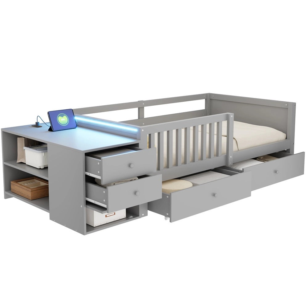 Letto per bambini con cassetti e luci LED ¨C Minimal ¨C Grigio, 90x200cm
