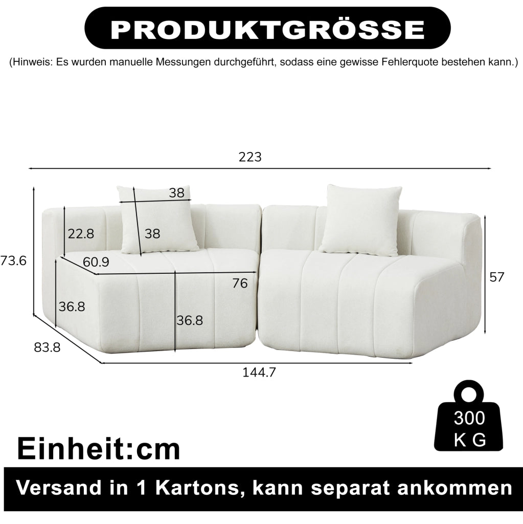 Divano modulare curvo in ciniglia beige con 2 cuscini