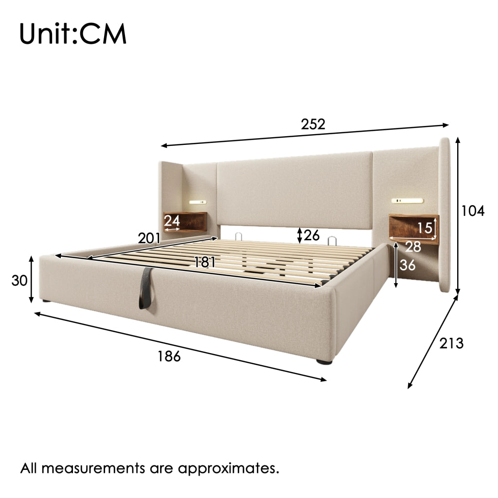 Letto imbottito matrimoniale 180x200 con comodino e USB Type-C, rete a doghe in legno massello, beige, lino (senza materasso)