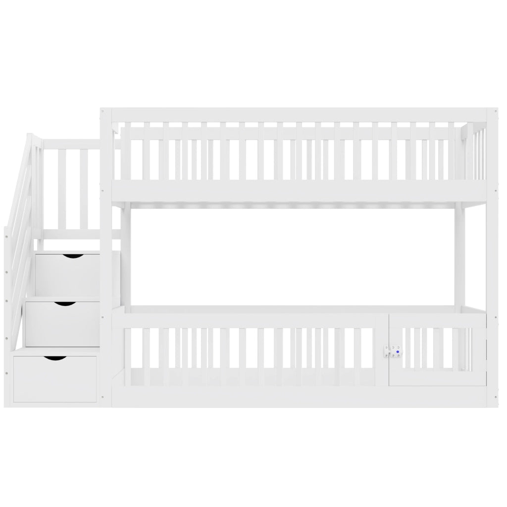 Letto a castello 90×200 cm, letto 2 posti con scala a cassetti, porta inferiore, senza materasso, bianco