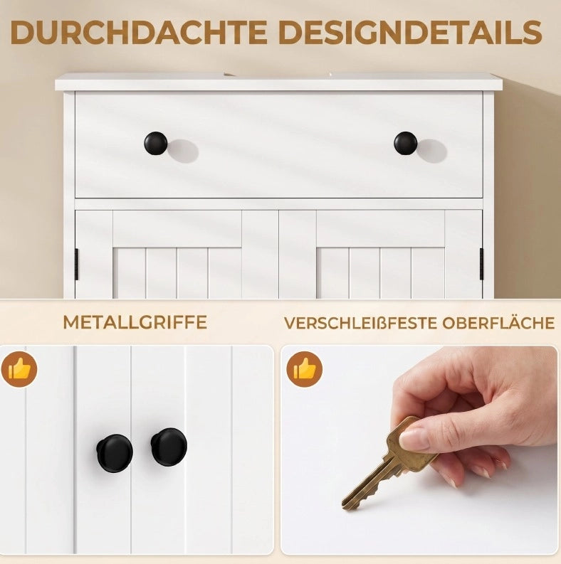 Mobile per lavabo bianco con ante a doghe, cassetto e chiusura soft, larghezza 60 cm