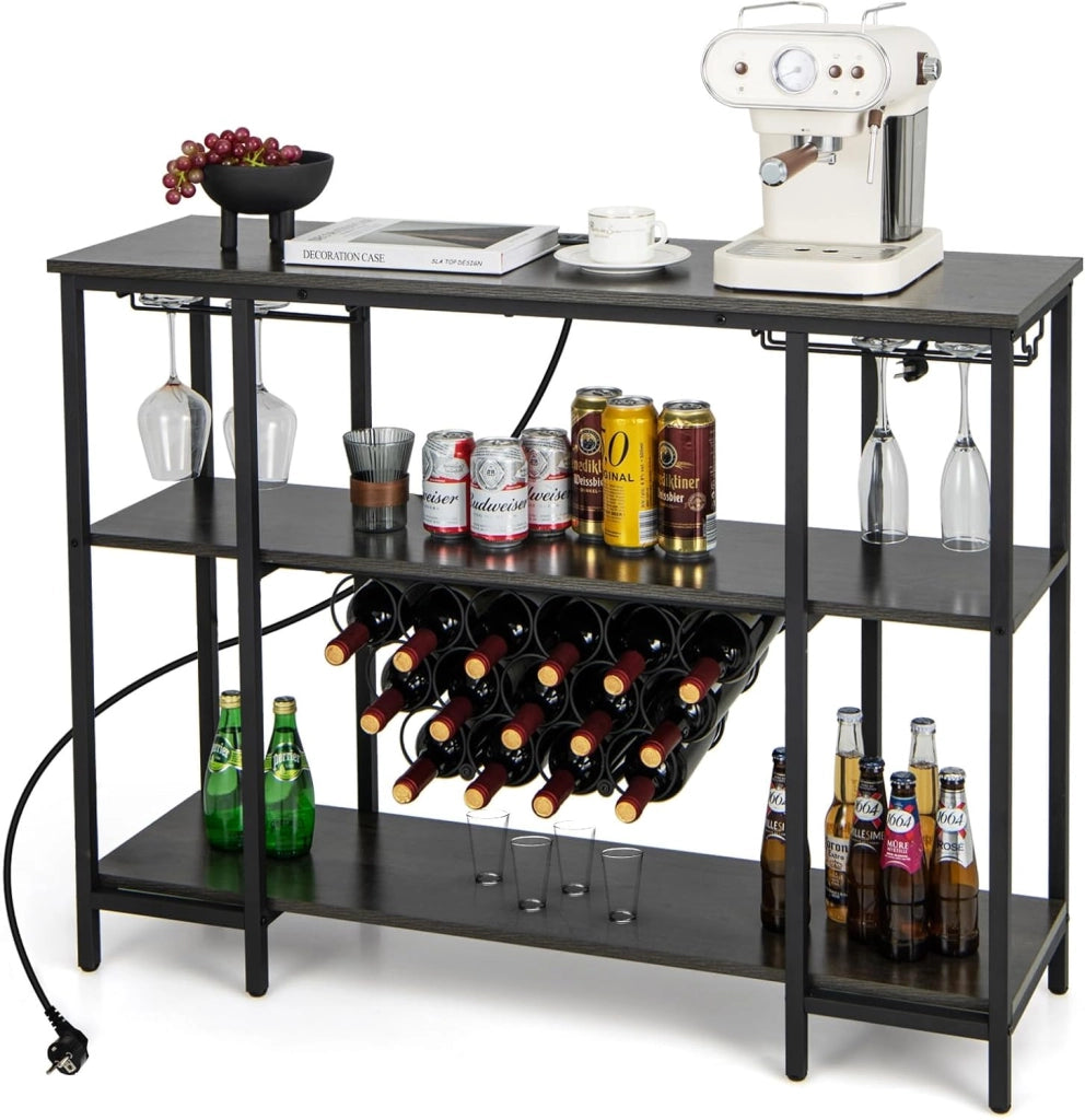 Mobile Bar Vino, Portabottiglie Industriale con 3 Ripiani, Porta Calici, Porte USB e Prese, Mobile Portabottiglie di Vino con Struttura in Metallo, 113 x 35 x 85 cm (Grigio)