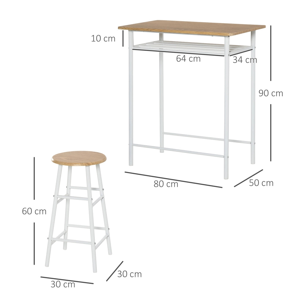 Set tavolo da bar con 2 sgabelli, struttura in metallo e pannello MDF bianco, salvaspazio