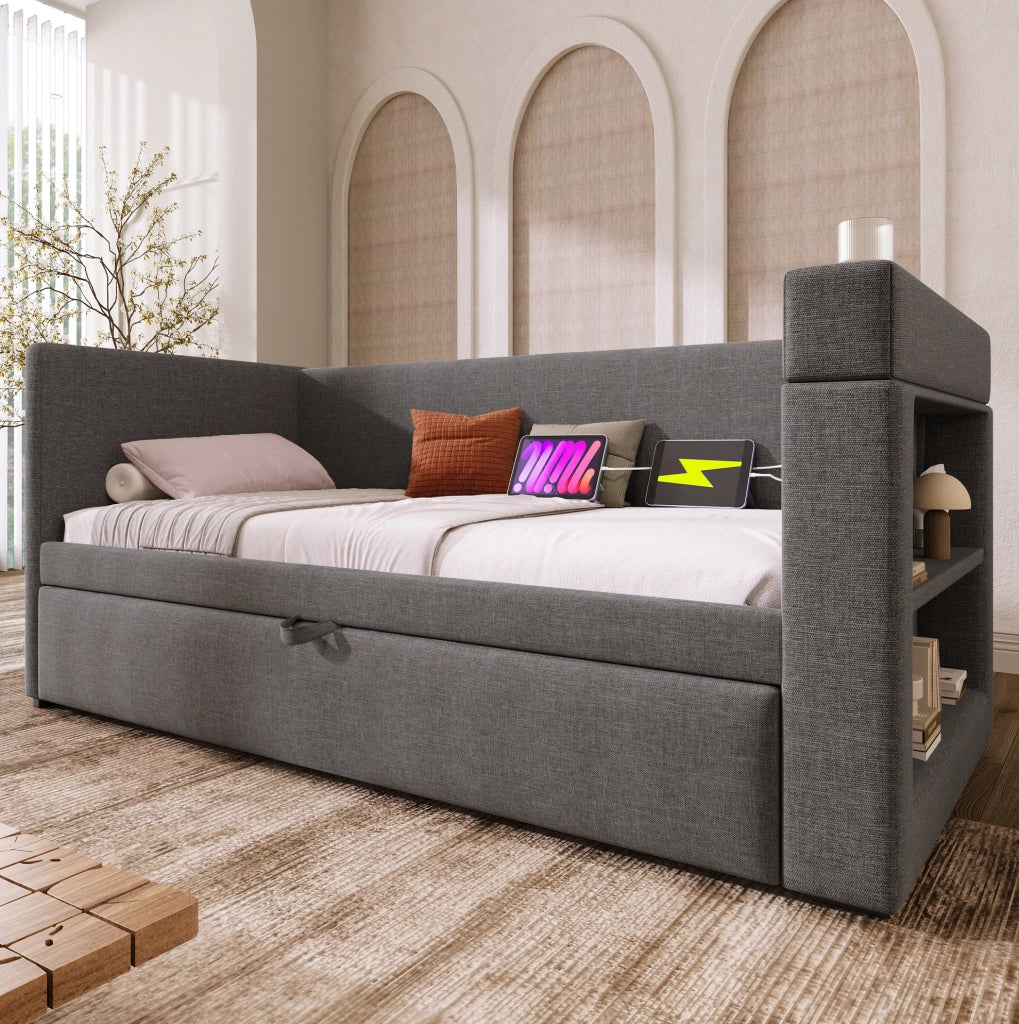 Letto singolo con letto estraibile 90x190 cm con USB-C e portabevande grigio HOMVRA