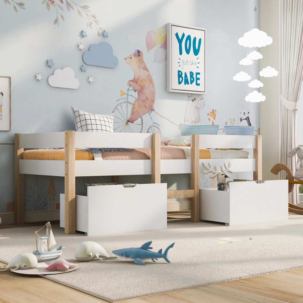 Letto con cassetti 90 × 190 cm semialto con scala e barriera anticaduta in legno bianco con rete a doghe