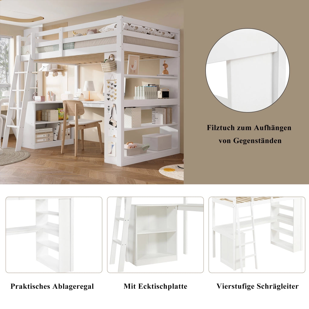 Letto a soppalco per bambini 90 × 200 cm con ripiano scala inclinata a 4 gradini e sponde di sicurezza bianco