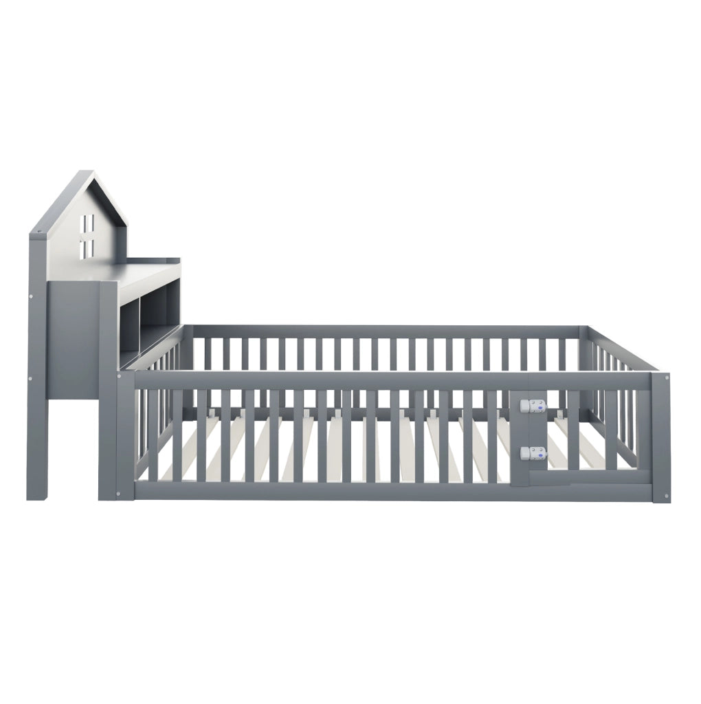Letto per bambini 90x200 cm a casetta con protezione, ripiani e lavagna grigio
