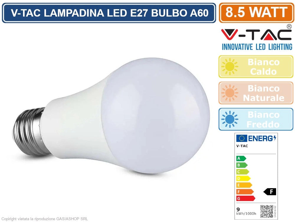 V-TAC VT-2099 LAMPADINA LED E27 8.5W BULB A60 806 LUMEN - Colore Luce:Bianco Naturale