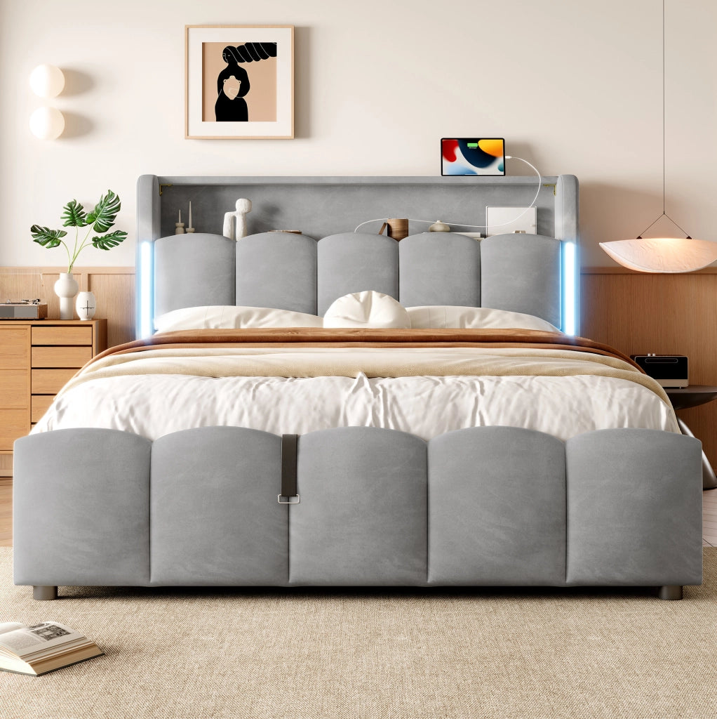 LETTO Contenitore 140x200 cm in Velluto Grigio con LED e porte USB/Type-C