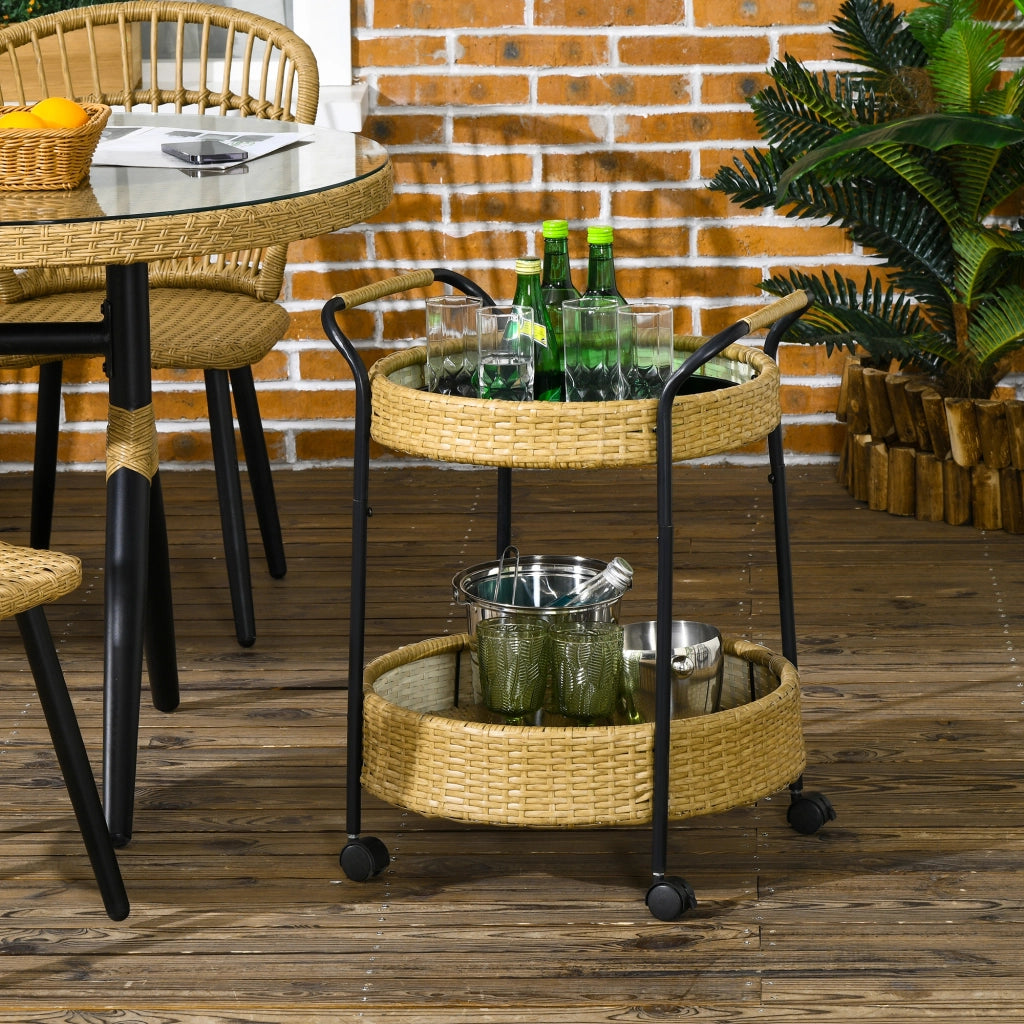 Carrello portavivande rotondo a 2 ripiani in polyrattan giallo con 4 ruote e 2 freni per terrazza Ø 50 × 66 cm