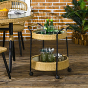 Carrello portavivande rotondo a 2 ripiani in polyrattan giallo con 4 ruote e 2 freni per terrazza Ø 50 × 66 cm