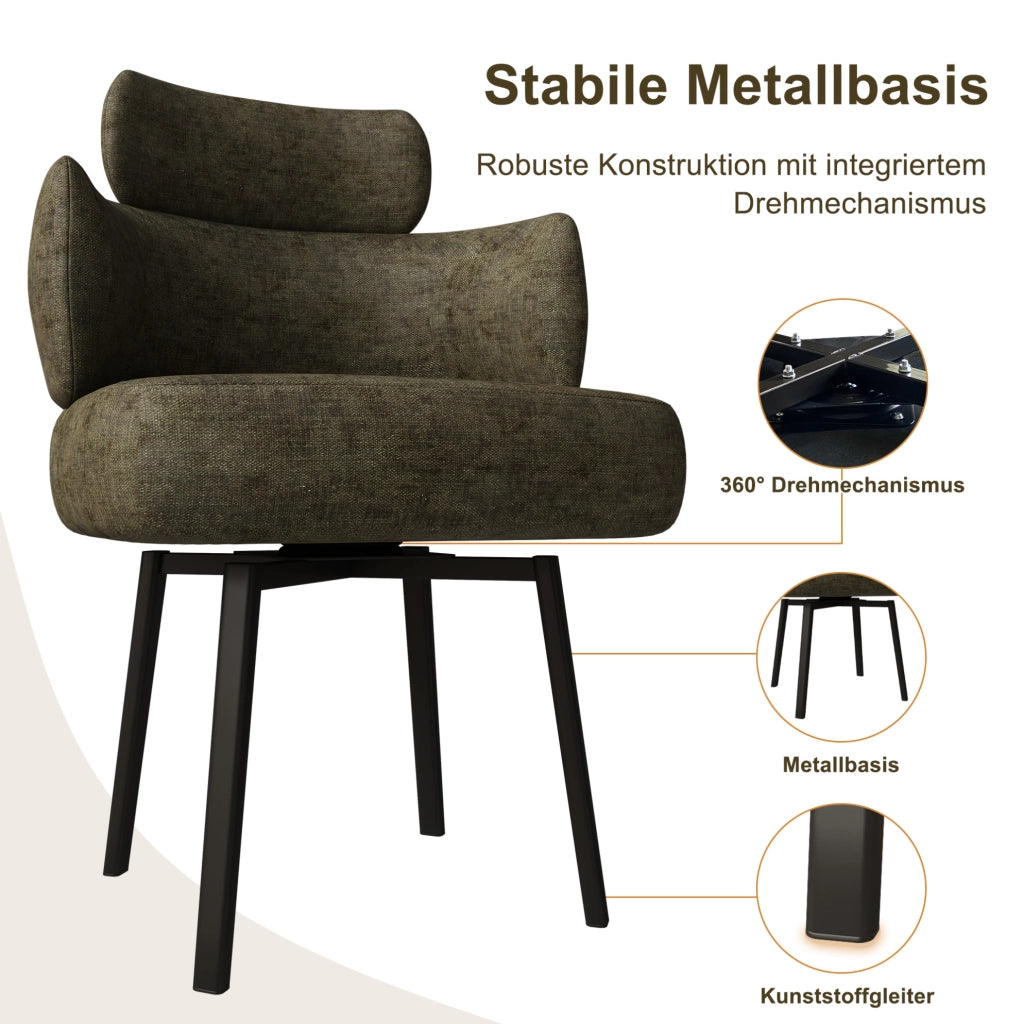 SEDIA girevole 360° con braccioli 60x56x53 cm in chenille verde oliva