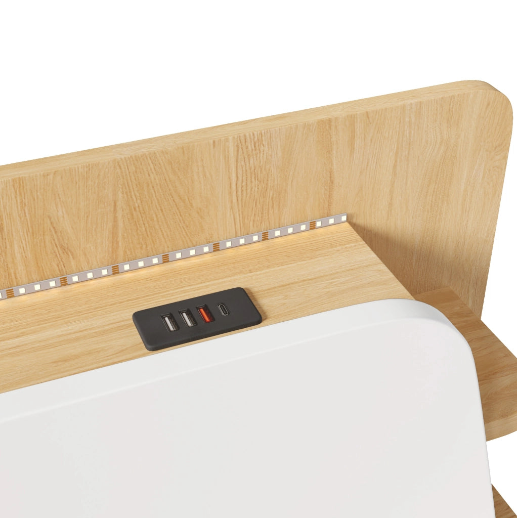 Letto contenitore 140x200 cm bianco e naturale con LED e USB-C