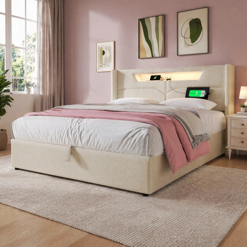 Letto matrimoniale imbottito 140x200 cm con LED; USB e Type-C; beige