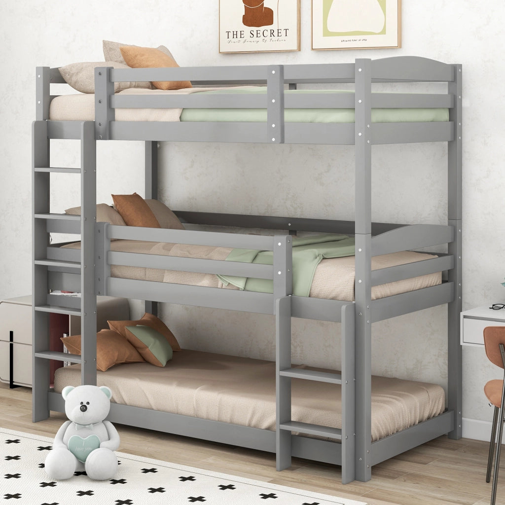 Letto a castello triplo per bambini 90x200 cm in pino e MDF; grigio; trasformabile