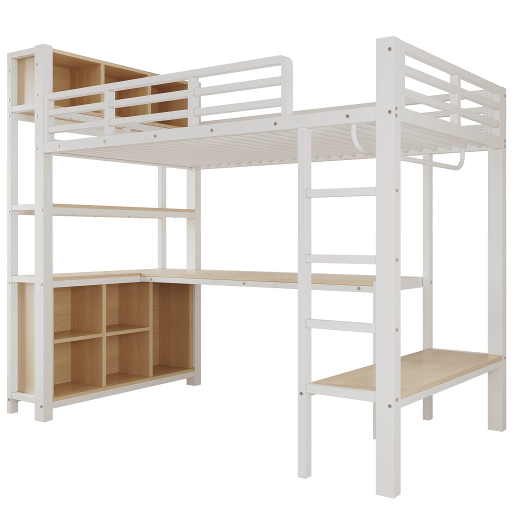 Letto a soppalco 90x200 cm con scrivania; scaffali e appendiabiti; metallo e MDF; bianco